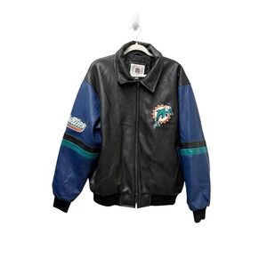 NFL VTG Miami Dolphins Jacket Mens Large Varsity Style Faux Leather Black Blue‎